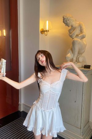 DreamyNerd Ruffle-Edge Bow Lace Mini Dress