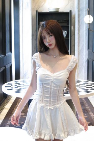 DreamyNerd Ruffle-Edge Bow Lace Mini Dress