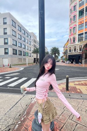 DreamyNerd Ruffle Hem Lace-Up Mini Skirt