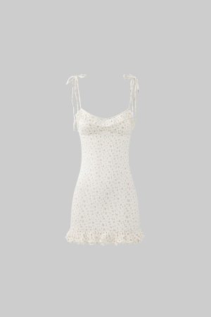 DreamyNerd Ruffle Trim Mini Dress with Dainty Floral Print and Tie Straps