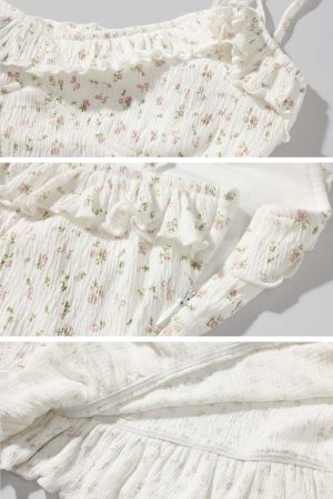 DreamyNerd Ruffle Trim Mini Dress with Dainty Floral Print and Tie Straps