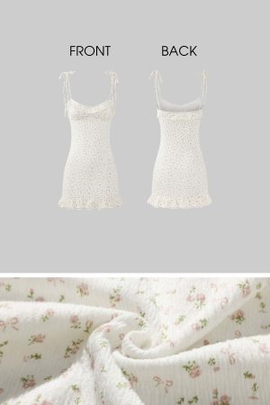 DreamyNerd Ruffle Trim Mini Dress with Dainty Floral Print and Tie Straps