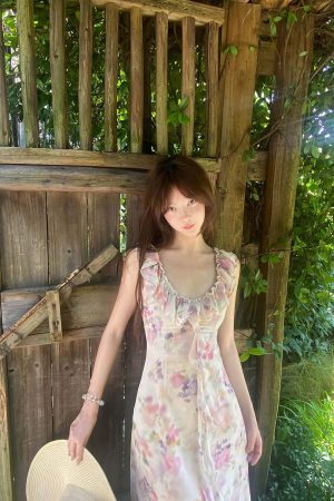 DreamyNerd Ruffled Floral Chiffon Maxi Dress with Sweetheart Neckline and Flowy Hem