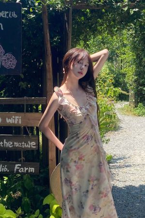 DreamyNerd Ruffled Floral Chiffon Maxi Dress with Sweetheart Neckline and Flowy Hem