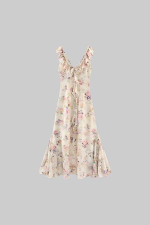 DreamyNerd Ruffled Floral Chiffon Maxi Dress with Sweetheart Neckline and Flowy Hem