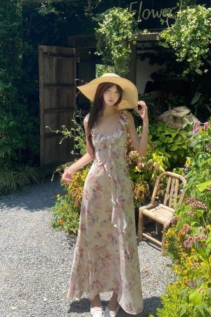 DreamyNerd Ruffled Floral Chiffon Maxi Dress with Sweetheart Neckline and Flowy Hem