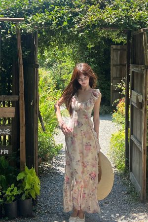 DreamyNerd Ruffled Floral Chiffon Maxi Dress with Sweetheart Neckline and Flowy Hem