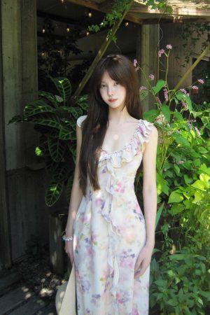 DreamyNerd Ruffled Floral Chiffon Maxi Dress with Sweetheart Neckline and Flowy Hem