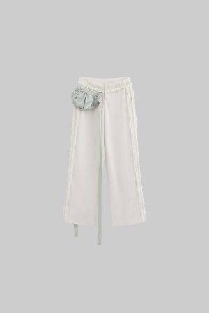 DreamyNerd Ruffled Satin Wide-Leg Pants with Detachable Mini Pouch