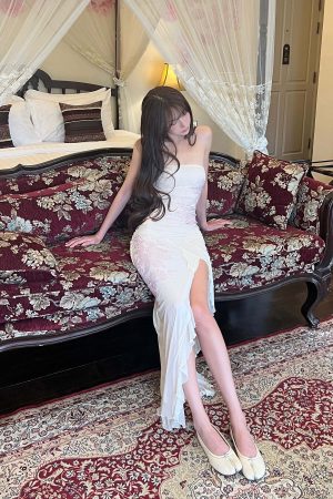 DreamyNerd Strapless Mesh Maxi Dress with Floral Embellishment