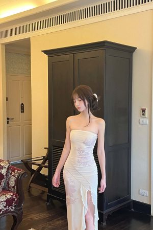 DreamyNerd Strapless Mesh Maxi Dress with Floral Embellishment