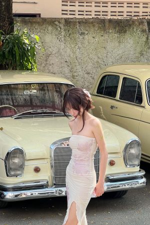 DreamyNerd Strapless Mesh Maxi Dress with Floral Embellishment