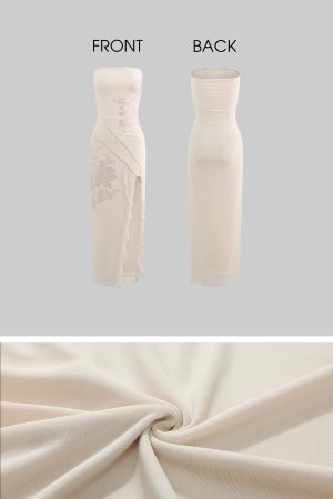 DreamyNerd Strapless Mesh Maxi Dress with Floral Embellishment