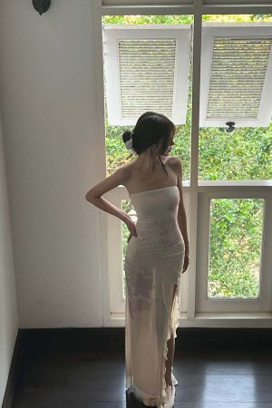 DreamyNerd Strapless Mesh Maxi Dress with Floral Embellishment