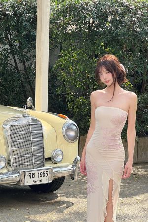 DreamyNerd Strapless Mesh Maxi Dress with Floral Embellishment