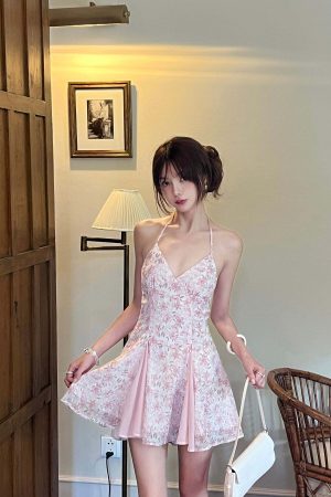 DreamyNerd Vintage Floral Halter Mini Dress with Chiffon Inserts and Flared Skirt