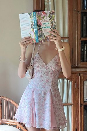 DreamyNerd Vintage Floral Halter Mini Dress with Chiffon Inserts and Flared Skirt