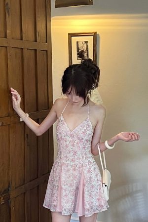 DreamyNerd Vintage Floral Halter Mini Dress with Chiffon Inserts and Flared Skirt