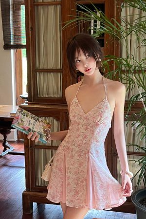 DreamyNerd Vintage Floral Halter Mini Dress with Chiffon Inserts and Flared Skirt