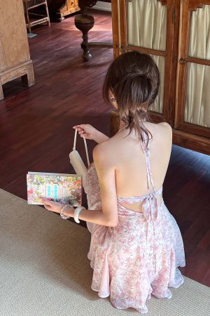 DreamyNerd Vintage Floral Halter Mini Dress with Chiffon Inserts and Flared Skirt