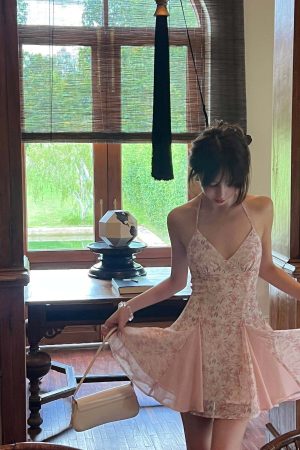 DreamyNerd Vintage Floral Halter Mini Dress with Chiffon Inserts and Flared Skirt