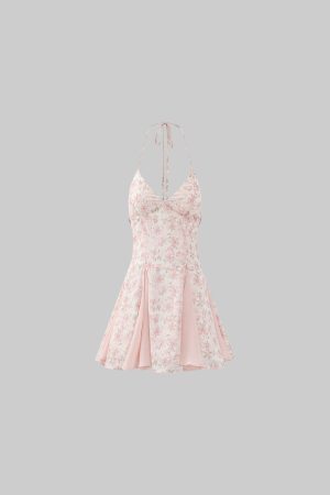 DreamyNerd Vintage Floral Halter Mini Dress with Chiffon Inserts and Flared Skirt