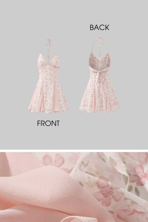 DreamyNerd Vintage Floral Halter Mini Dress with Chiffon Inserts and Flared Skirt