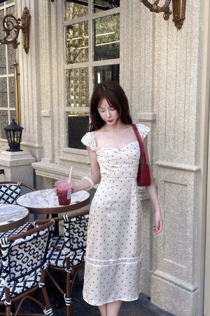 DreamyNerd Vintage Polka Dot Midi Dress with Open Back and Puff Sleeves