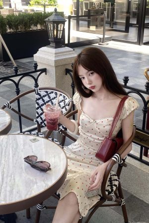 DreamyNerd Vintage Polka Dot Midi Dress with Open Back and Puff Sleeves