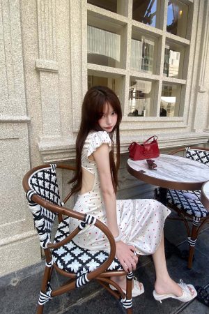 DreamyNerd Vintage Polka Dot Midi Dress with Open Back and Puff Sleeves