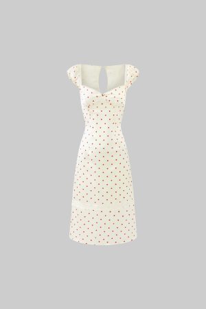 DreamyNerd Vintage Polka Dot Midi Dress with Open Back and Puff Sleeves