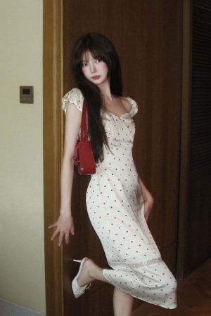 DreamyNerd Vintage Polka Dot Midi Dress with Open Back and Puff Sleeves