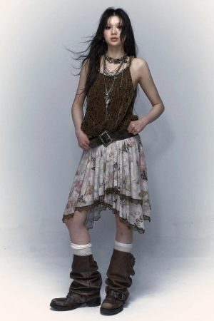 Fairy Grunge Floral Asymmetric Midi Skirt