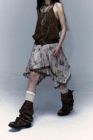 Fairy Grunge Floral Asymmetric Midi Skirt