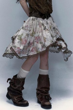 Fairy Grunge Floral Asymmetric Midi Skirt