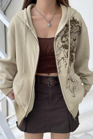 Fairy Grunge Floral Zip-Up Hoodie