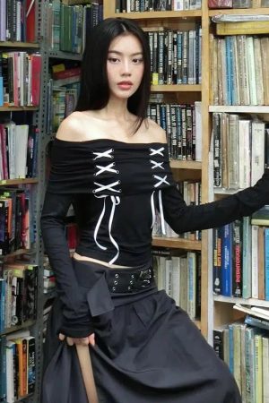 Fairy Grunge Off Shoulder Lace Up Top