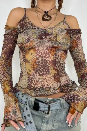 Fairycore Floral Mesh Top