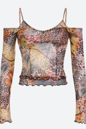 Fairycore Floral Mesh Top