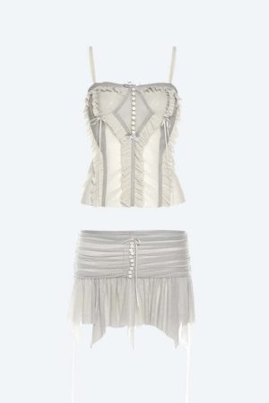 Fairycore Mesh Ruffled Top & Mini Skirt Two Piece Set