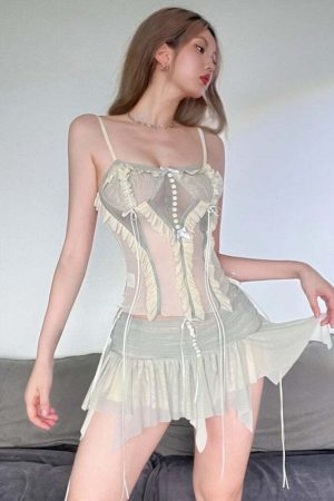 Fairycore Mesh Ruffled Top & Mini Skirt Two Piece Set