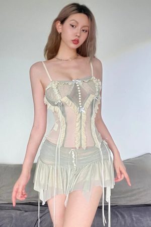 Fairycore Mesh Ruffled Top & Mini Skirt Two Piece Set
