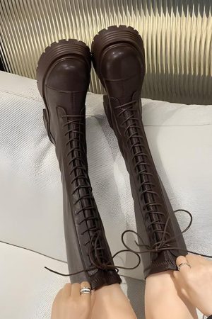 Faux Leather Knee High Lace Up Boots