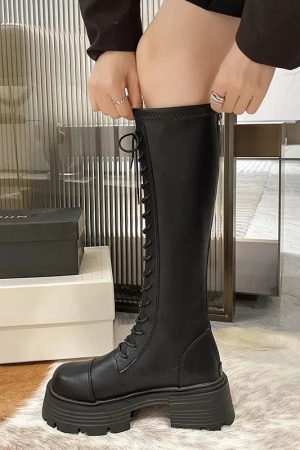Faux Leather Knee High Lace Up Boots