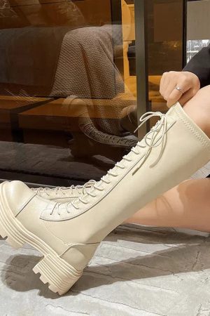 Faux Leather Knee High Lace Up Boots