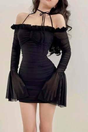 Flare Cuffs Off Shoulder Mesh Mini Dress