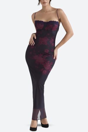 Floral Bodycon Lace Up Mesh Maxi Dress