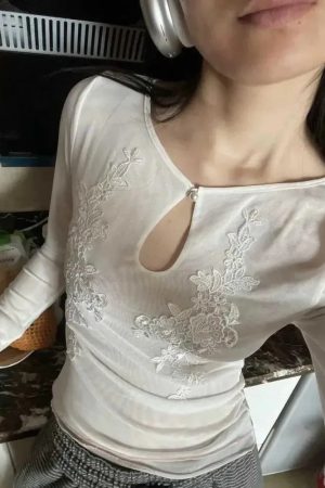 Floral Embroidered Mesh Top