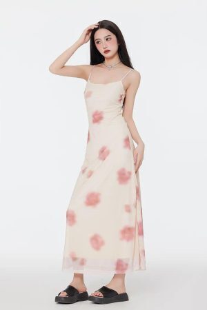 Floral Mesh Spaghetti Strap Maxi Dress