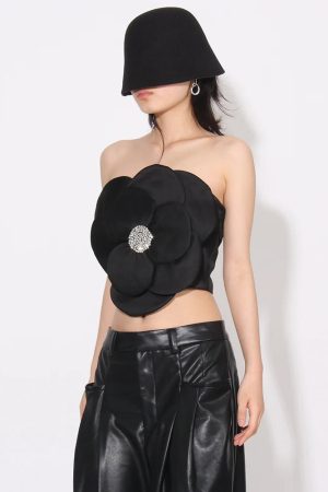 Flower Rhinestone Zip-Up Strapless Top